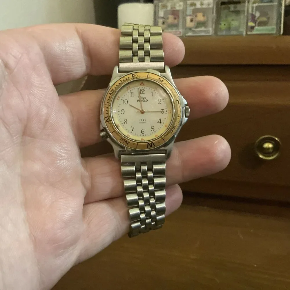 Vintage Timex Indiglo Men Adventure Brown Leather Band Quartz 36mm Watch 7 1/4